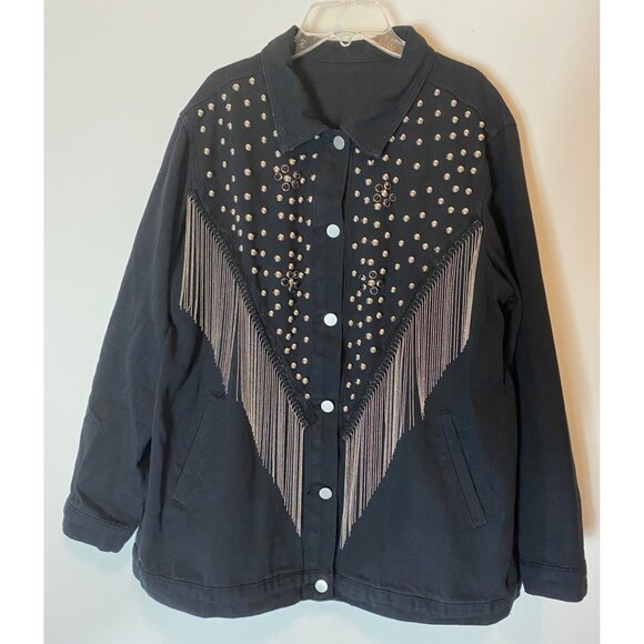 Black Shein Curve Fringe Chains Studs Jacket Snap Buttons XL - Picture 1 of 12